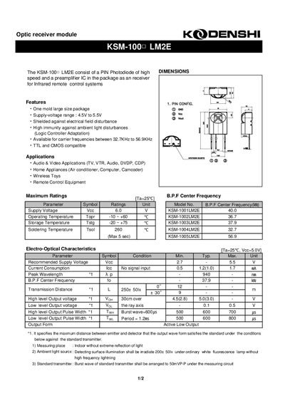 KodenShi KSM-1000 LM2E Optic Receiver Module Datasheet - cover page