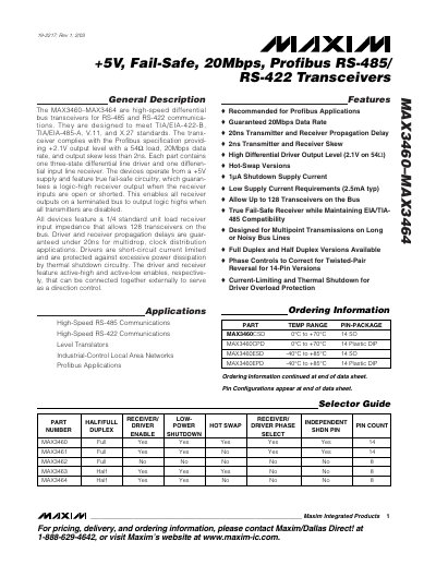 Maxim MAX3460–MAX3464 High-Speed Differential Bus Transceiver Datasheet - cover page