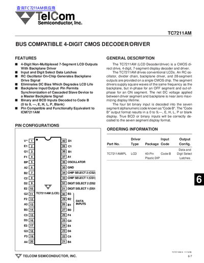 TelCom Semiconductor TC7211AM Bus Compatible 4-Digit CMOS Decoder/Driver Datasheet - cover page