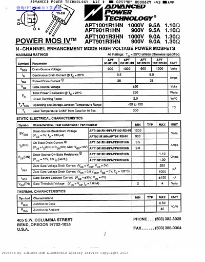 ADVANCED POWER TECHNOLOGY APT1001R1HN/APT901R1HN/APT1001R3HN/APT901R3HN handbook - cover page
