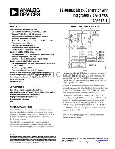 Analog Devices AD9517-1 Clock Generator Datasheet - cover page