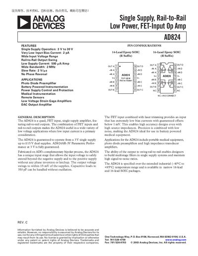 Analog Devices AD824 Operational Amplifier Datasheet - cover page