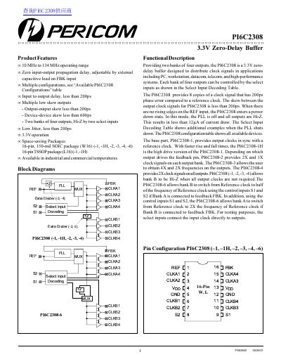 Pericom PI6C2308 3.3V Zero-Delay Buffer Datasheet