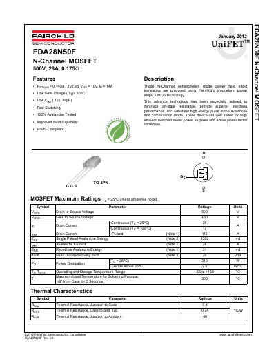 Fairchild FDA28N50F N-Channel MOSFET Datasheet - cover page