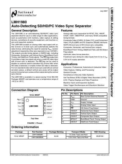 National Semiconductor LMH1980 Auto-Detecting Video Sync Separator Datasheet - cover page