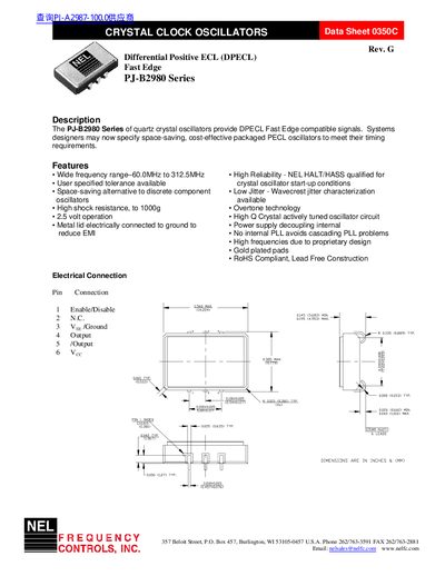 NEL PJ-B2980 Series Crystal Clock Oscillator Data Sheet - cover page