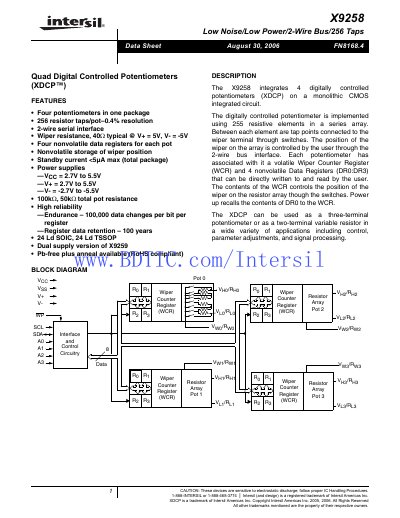 Intersil X9258 Quad Digital Controlled Potentiometer Datasheet - cover page
