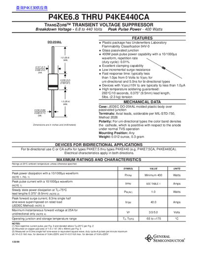 GENERAL SEMICONDUCTOR P4KE6.8 THRU P4KE440CA Data Sheet  - cover page