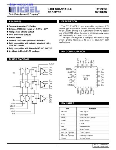 Micrel SY10E212 SY100E212 3-Bit Scannable Register Manual - cover page
