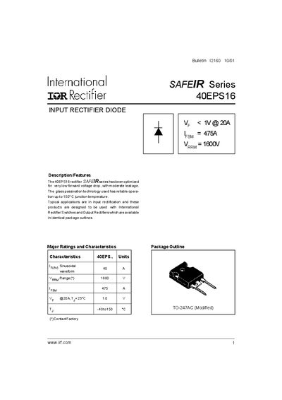 International Rectifier 40EPS16 Input Rectifier Diode Datasheet - cover page