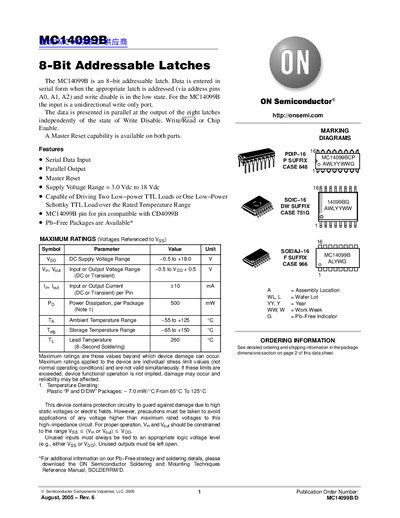 ON Semiconductor MC14099B 8-Bit Addressable Latch Datasheet - cover page