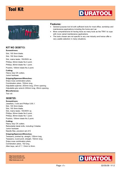 Duratool 3038713 & 3038725 Tool Kit Data Sheet - cover page