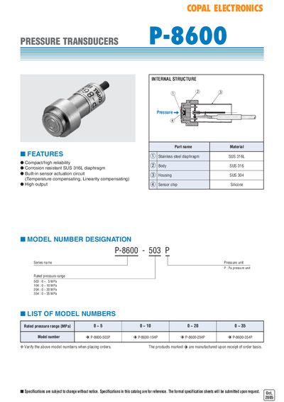 Copal Electronics P-8600 Pressure Transducer Datasheet - cover page