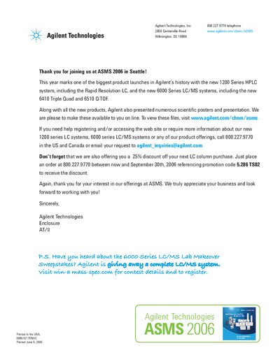 Agilent ASMS 2006 Follow-up Letter - cover page