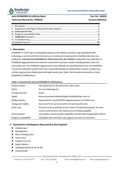 GenScript Anti‑DYKDDDDK G1 Affinity Resin Technical Manual - cover page