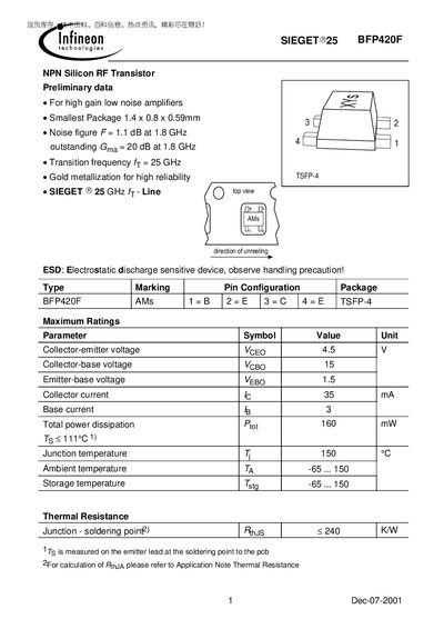 Infineon BFP420F NPN Silicon RF Transistor Datasheet - cover page