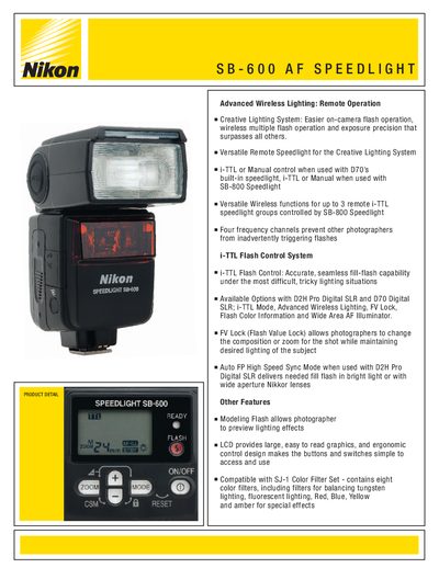 Nikon SB-600 Speedlight User Manual - cover page