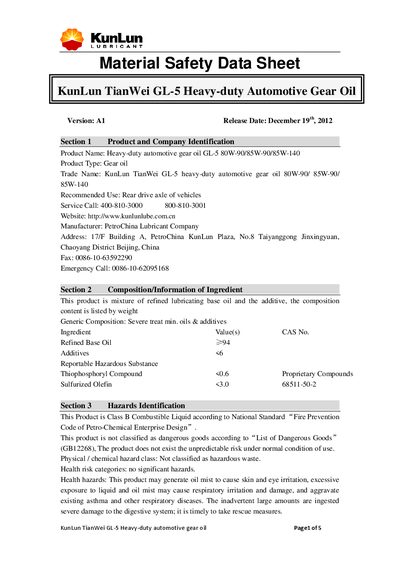 KunLun TianWei GL-5 80W-90/85W-90/85W-140 Gear Oil Material Safety Data Sheet - cover page