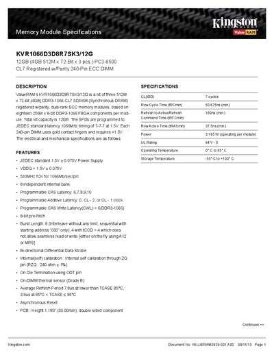 Kingston KVR1066D3D8R7SK3/12G Memory Module Specifications
