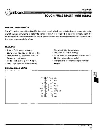 Winbond WE9104 Touch Pulse Dialer Datasheet - cover page