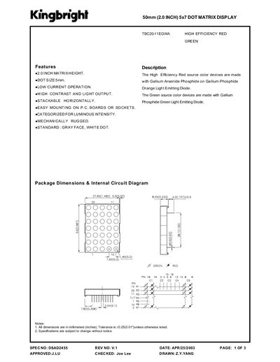 KINGBRIGHT - SPEC NO: DSAD2455 REV NO: V.1 DATE: APR/25/2003 PAGE: 1 OF 3 APPROVED:J.LU CHECKED Manual - cover page