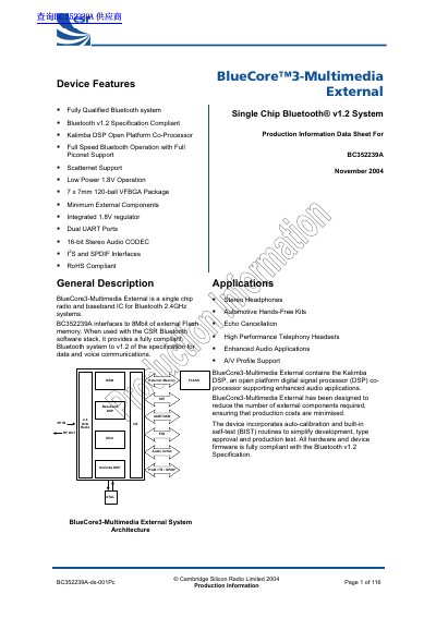 Cambridge Silicon Radio BC352239A Bluetooth IC Datasheet - cover page