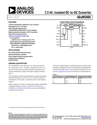 Analog Devices ADuM5000 Isolated DC-DC Converter Data Sheet - cover page