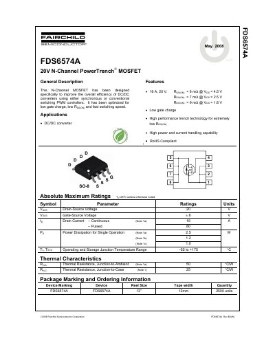 Fairchild Semiconductor FDS6574A 20V N-Channel PowerTrench MOSFET Datasheet - cover page