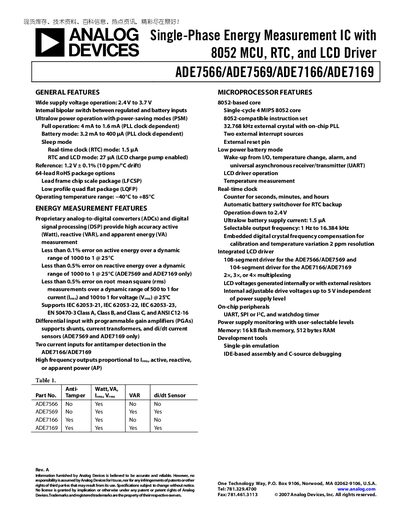 ANALOG DEVICES Single-Phase Energy Measurement IC with 8052 MCU RTC LCD Driver ADE7566/ADE7569/ADE7166/ADE7169 handbook - cover page