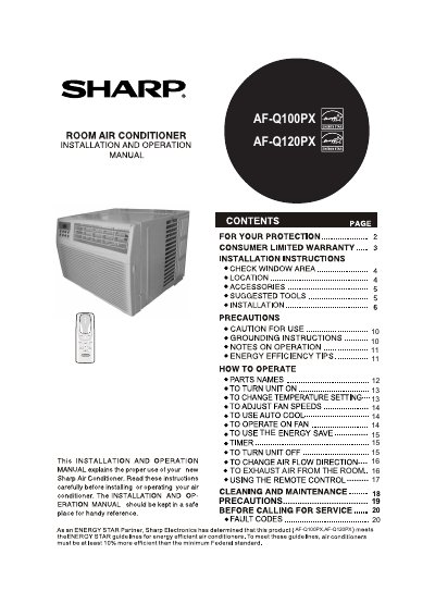 Sharp AF-Q100PX/AF-Q120PX Room Air Conditioner Installation and Operation Manual - cover page