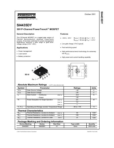 Fairchild SI4435DY P-Channel MOSFET Datasheet - cover page