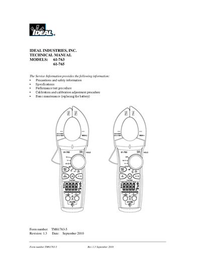 Ideal Industries Models 61-763/61-765 Technical Manual - cover page