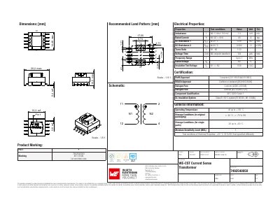 Wurth Elektronik 7492540050 Current Sense Transformer Datasheet - cover page