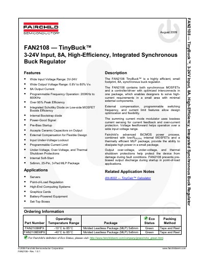 FAIRCHILD FAN2108 TinyBuck 3-24V Input 8A High-Efficiency Integrated Synchronous Buck Regulator handbook - cover page