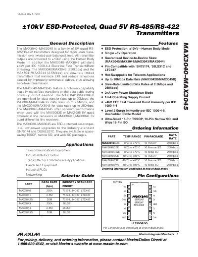 Maxim MAX3040–MAX3045 Quad RS-485/RS-422 Transmitter Datasheet - cover page