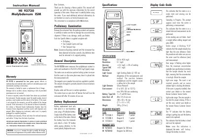 Hanna Instruments HI 93730 Molybdenum ISM Instruction Manual - cover page