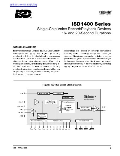 ISD 1400 series Single-Chip Voice Record/Playback Devices 16- 20-Second Durations handbook(1) - cover page