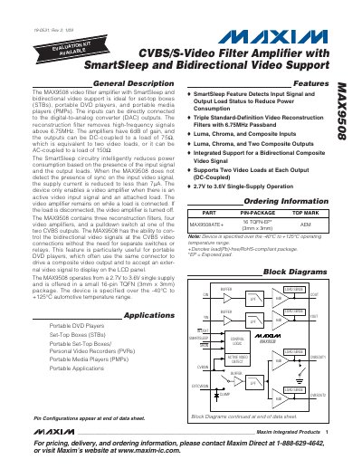 Maxim MAX9508 Video Filter Amplifier Datasheet - cover page