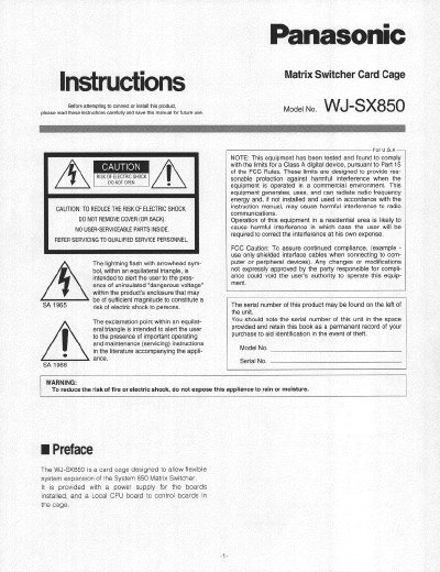 Panasonic WJ-SX850 Matrix Switcher Card Cage Installation and Operation Instructions - cover page