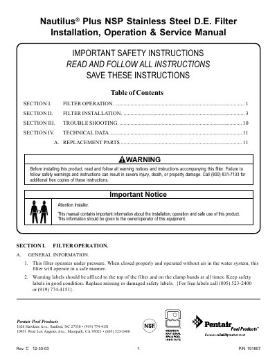 Pentair Nautilus Plus NSP Stainless Steel D.E. Filter Installation Operation Service Manual - cover page
