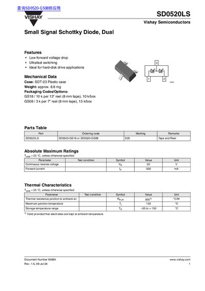 Vishay SD0520LS Small Signal Schottky Diode Datasheet - cover page