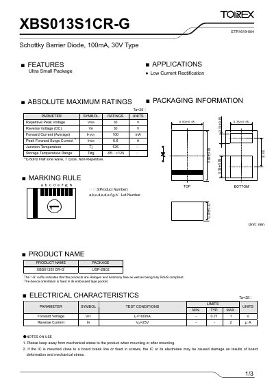 Torex XBS013S1CR-G Schottky Barrier Diode Datasheet - cover page
