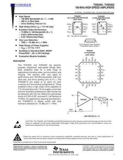 Texas Instruments THS4061/THS4062 High-Speed Amplifiers Datasheet - cover page