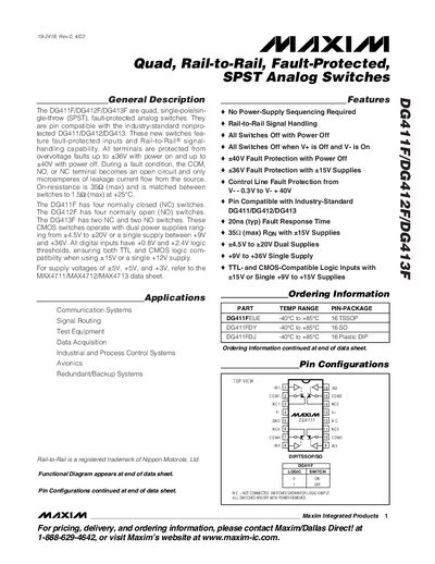 Maxim DG411F/DG412F/DG413F Quad Rail-to-Rail Fault-Protected SPST Analog Switches Datasheet - cover page