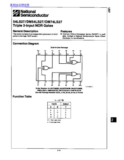 National Semiconductor 54LS27/DM54LS27/DM74LS27 Triple 3-Input NOR Gates Datasheet - cover page