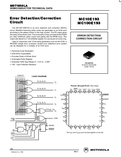 Motorola MC10E193/MC100E193 Error Detection/Correction Circuit Datasheet - cover page