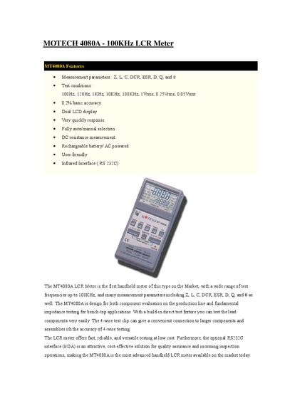 MOTECH MT4080A LCR Meter Product Leaflet - cover page