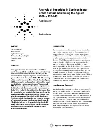 Agilent 7500cs ICP-MS Analysis of Impurities in Semiconductor Grade Sulfuric Acid Application Note - cover page