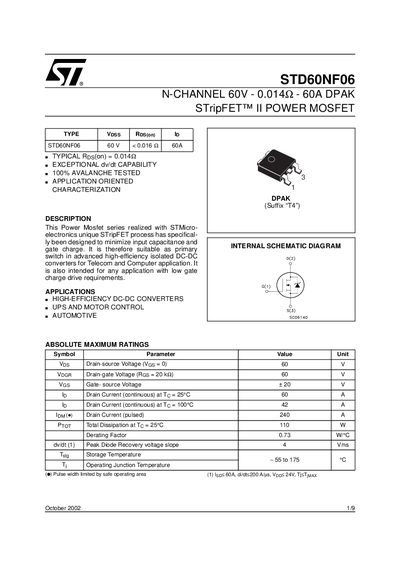STMicroelectronics STD60NF06 Datasheet - cover page