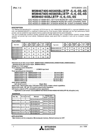 MITSUBISHI LSIs M5M467405/465405BJ BTP -5 -6 -5S -6S M5M467805/465805BJ BTP -5 -6 -5S -6S M5M465165BJ BTP -5 -6 -5S -6S Datasheet  - cover page